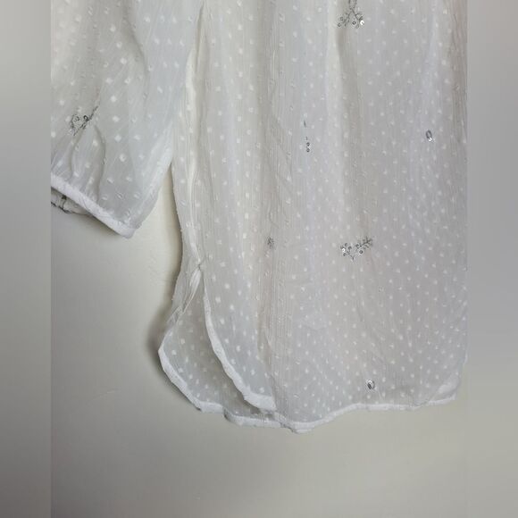 Lauren Conrad Sheer Swiss Dot Peasant Blouse Cream Sequin Holiday Sparkle Small - Picture 8 of 13